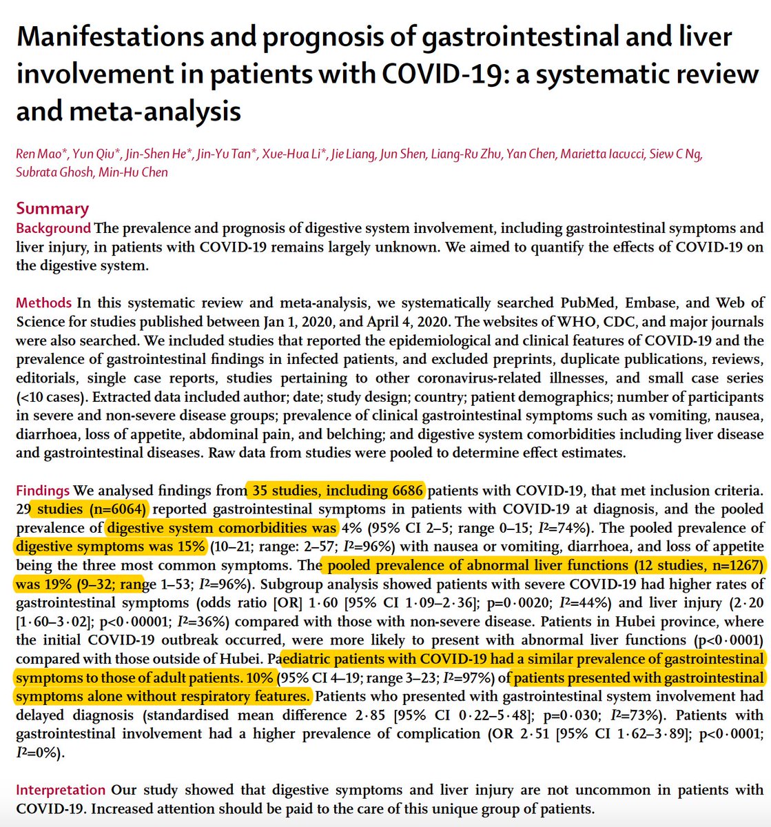 The gut and liver manifestations of #COVID19: >6000 patients, 35 studies
thelancet.com/journals/langa… incidence of gut 15%--diarrhea, nausea, vomiting, pain; liver 19% abnormal function tests; makes diagnosis delayed, 10% GI only; kids=adults <a href="/LancetGastroHep/">The Lancet Gastroenterology & Hepatology</a>