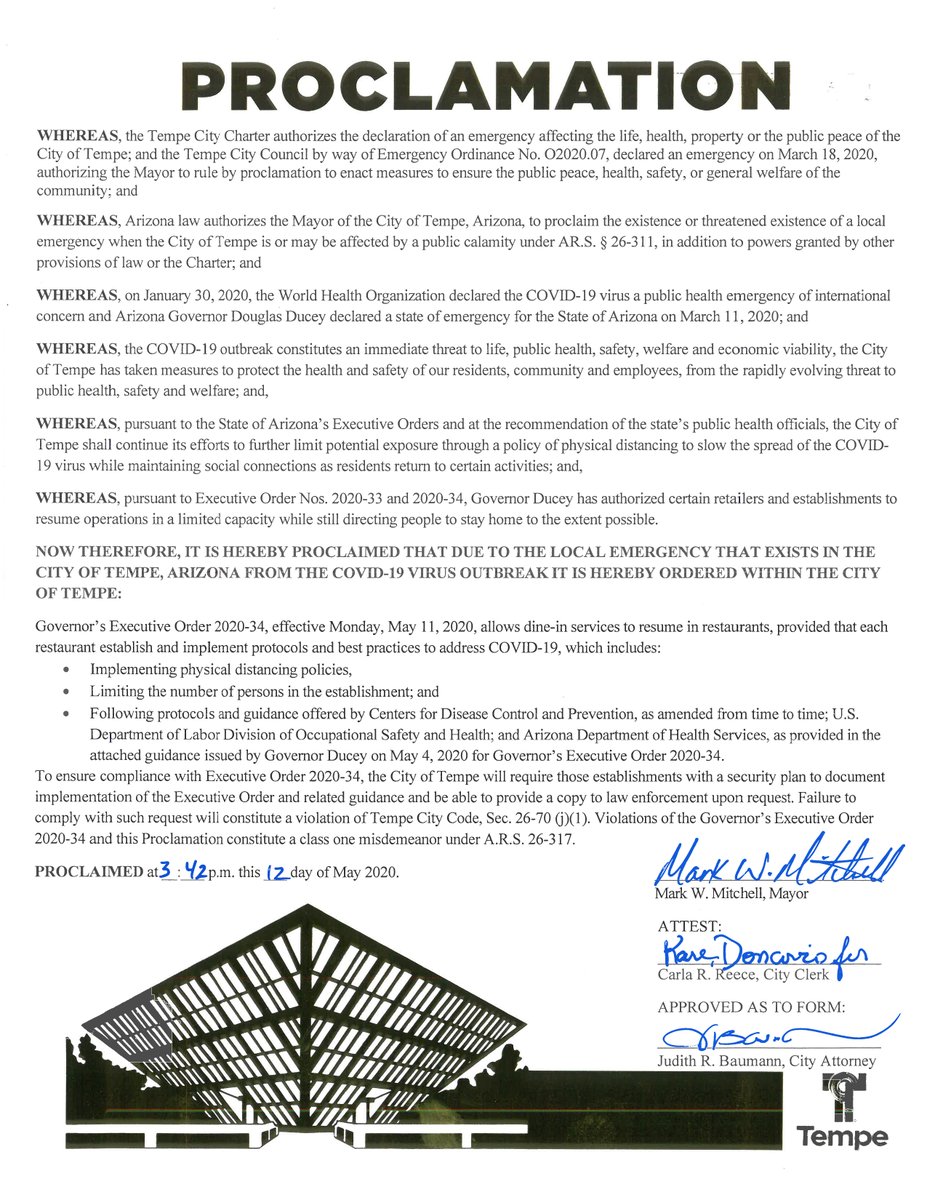 Tempegov's tweet photo. Tempe businesses that file security plans with the city – like bars that serve food - must document how they are ensuring physical distancing, according to an emergency proclamation issued today by Mayor Mark Mitchell. #tempeaz #COVID19az #ourtempe  https://t.co/V85KU9Sqak https://t.co/VpnEeTkdgC