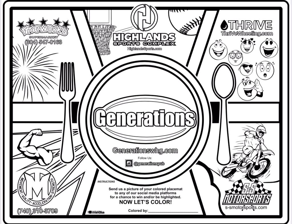 generationspub's tweet photo. We would like to give a s/o to our coloring placemat sponsors. #OhioValley 

👉🏼@fireworks_v 
👉🏼Highlands Sports Complex 
👉🏼@ThriveWheeling 
👉🏼@Trevor_Ging 
👉🏼S&amp;S Motorsports https://t.co/sZrT2T31U0