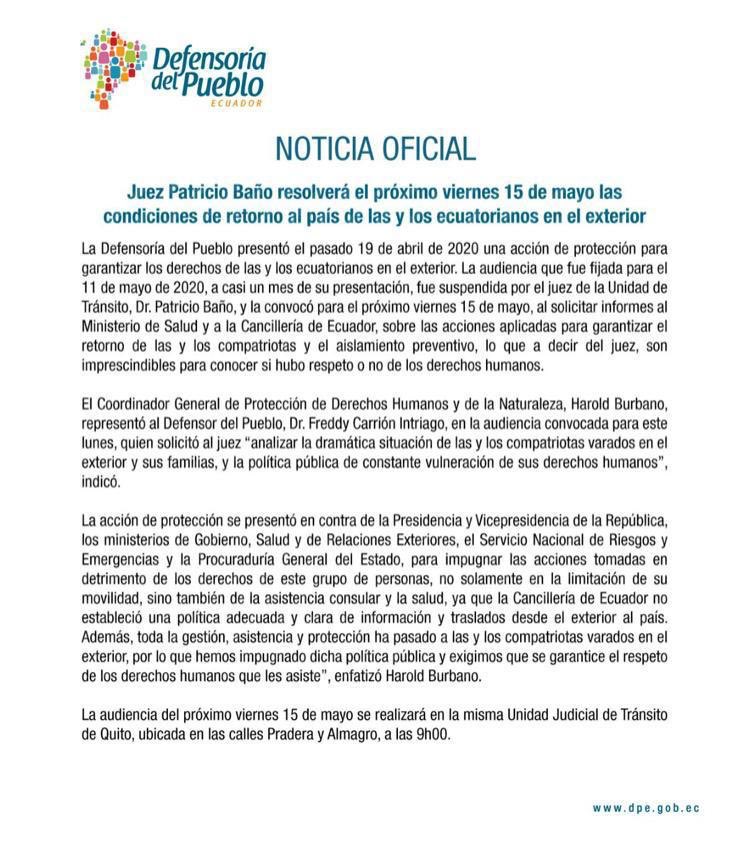 DerechoVolver's tweet photo. El viernes se reanuda la audiencia por acción de protección. Envía tu testimonio a
Patricio.Bano@funcionjudicial.gob.ec
para que el juez conozca de primera mano lo que han supuesto/están suponiendo (de momento) 56 días de abandono. #DerechoAVolver #EcuadorViolaDDHH #APOencasa https://t.co/kONfTaUaph