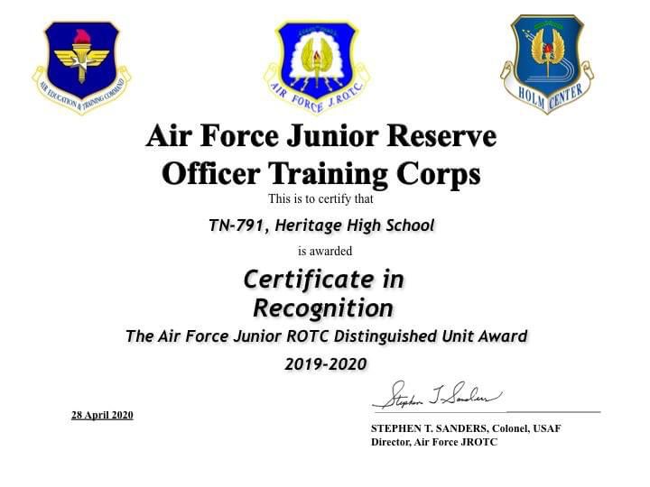 HHSMountaineers's tweet photo. Congratulations to our Heritage AFJROTC Unit who received a "Distinguished Unit Award" from HQ Air Force JROTC again this year. Our TN-791st unit is 1 of only 12 in Tennessee and 1 of 387 nationwide to receive this distinction. Way to go, Mountaineers! #VirtuallyNeer https://t.co/f1qMh3mdUj