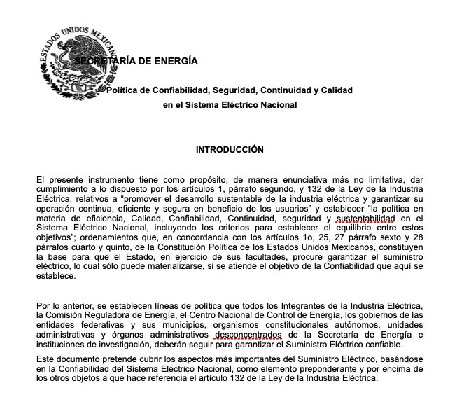 Les cuento un capítulo más de la novela “<a href="/sener_mx/">SENER México</a> quiere que pagues cara la electricidad”.
Hoy por la mañana me llegó por al menos 10 contactos este documento.
¿Qué es? Es la Política de Confiabilidad, Seguridad, Continuidad y Calidad en el Sistema Eléctrico Nacional.