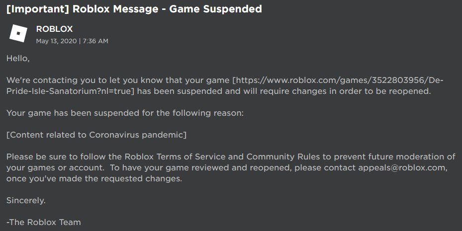 Divine Sister On Twitter De Pride Isle Sanatorium Got Suspended We Have Now Followed Roblox S Demands And Have Promptly Removed The Undesirable Content They Have Requested We Are Always Here To - isle 8 roblox code