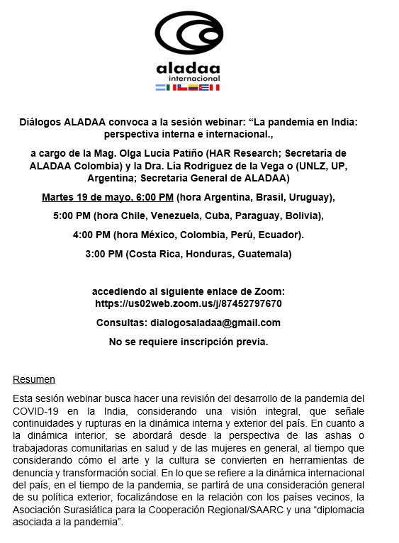 TatianaGelvezR's tweet photo. Diálogos ALADAA convoca a la tercera sesión webinar: “La pandemia en India: perspectiva interna e internacional" todos están cordialmente invitados
@AladaaInternac1
@AladaaColombia
#dialogosaladaa https://t.co/4iK3BGYQ1F