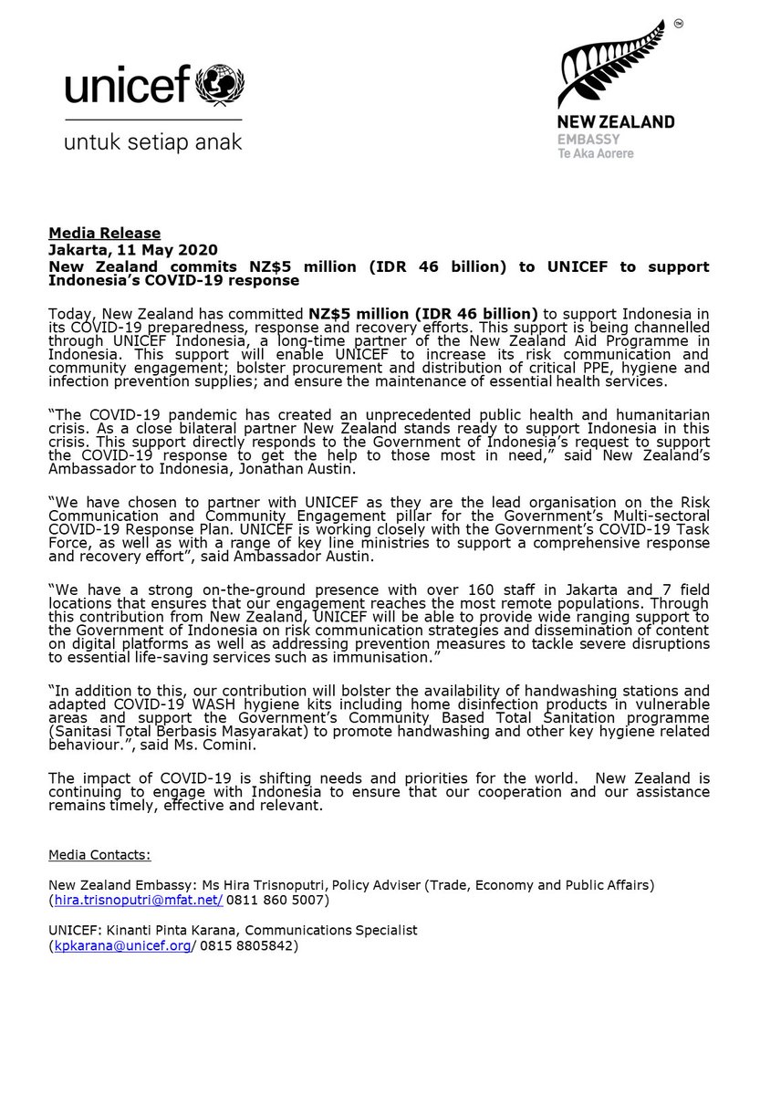 Nz Embassy Jakarta On Twitter New Zealand Has Committed Nz 5 Million Idr46 Billion To Support Indonesia In Its Covid19 Preparedness Response And Recovery Efforts Partnering With Unicefindonesia This Support Responds Directly To