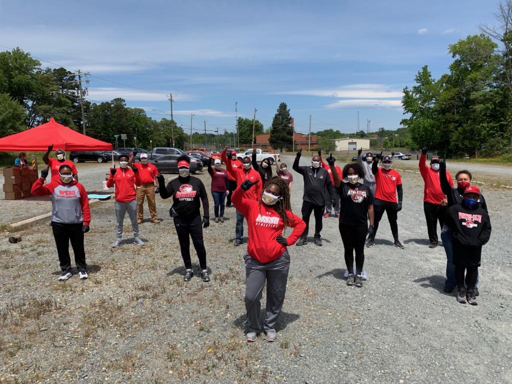 CityofWS's tweet image. Staff helped give away masks at nine locations around the city today. This was from Bowman Gray where we worked with the WSSU athletic administrators. It was a #Ramtastic day! #Maskthecityws