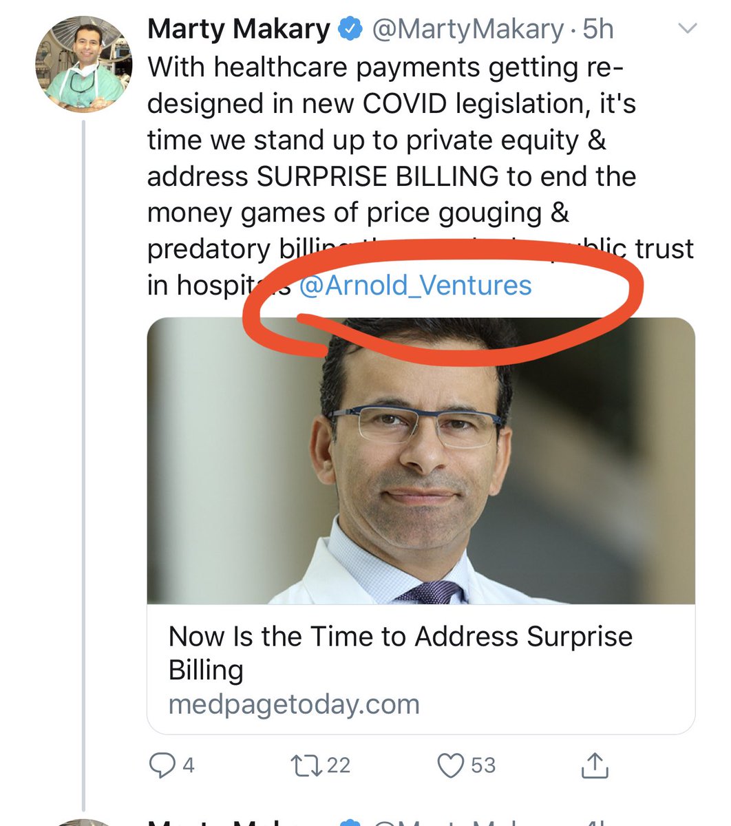 Looks like a nice pro patient article at first glance“Now is the Time to Address Surprise Billing”Not sure why he would tag billionaire John Arnold in this tweet too. Maybe Dr Makary would care to explain...Let’s dig a little deeper shall we?2/x