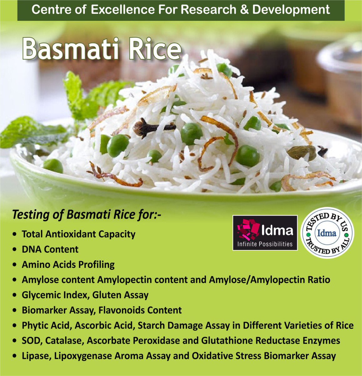 IdmaGroup's tweet photo. Is India's leading #Analytical #Testing &amp; #Research #Laboratories &amp; undertake Testing of #BasmatiRice for a wide range of Quality, Safety &amp;  Authenticity parameters

#paddy #rice #foodquality #foodqualitycontrol #foodsafety #foodtesting #heavymetalanalysis https://t.co/YN7EMzGsAf