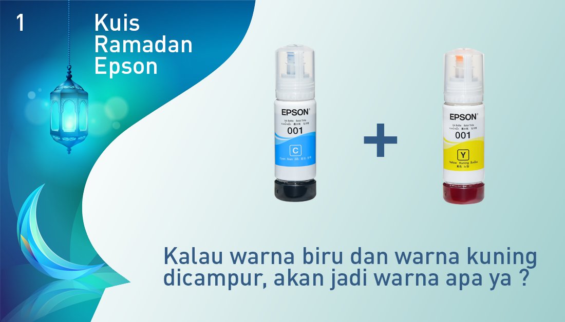 Kuis Ramadan Epson ke-1 #KRE1 Kalau warna biru dan warna kuning bercampur, akan jadi warna apa ya ?
#KuisRamadanEpson
#RamadanBersamaEpson