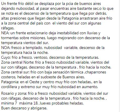 jormax76's tweet photo. Frio a fresco, nubosidad variable, vientos del sur con rafagas, descenso de la temperatura, frio hacia la noche, minima 7 maxima 18. JUEVES PROBABLES HELADAS.
@pmontenegro1981 @Yojuanjunco @mcortezpiniero @MFernandaRey @MaBelenAlvares @ArachEvelyn @dhfiori @Yoteaviseradio https://t.co/BSSz1OhOhR