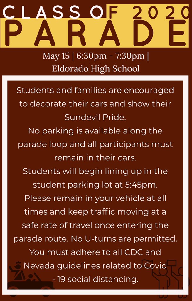 Sundevil Class of 2020 &amp; families, we hope to see you all this Friday, May 15th! Senior parade starts at 6:30pm in the student parking lot #ehsourhouse #ehsSeniorParade #ehsSundevilStrong
