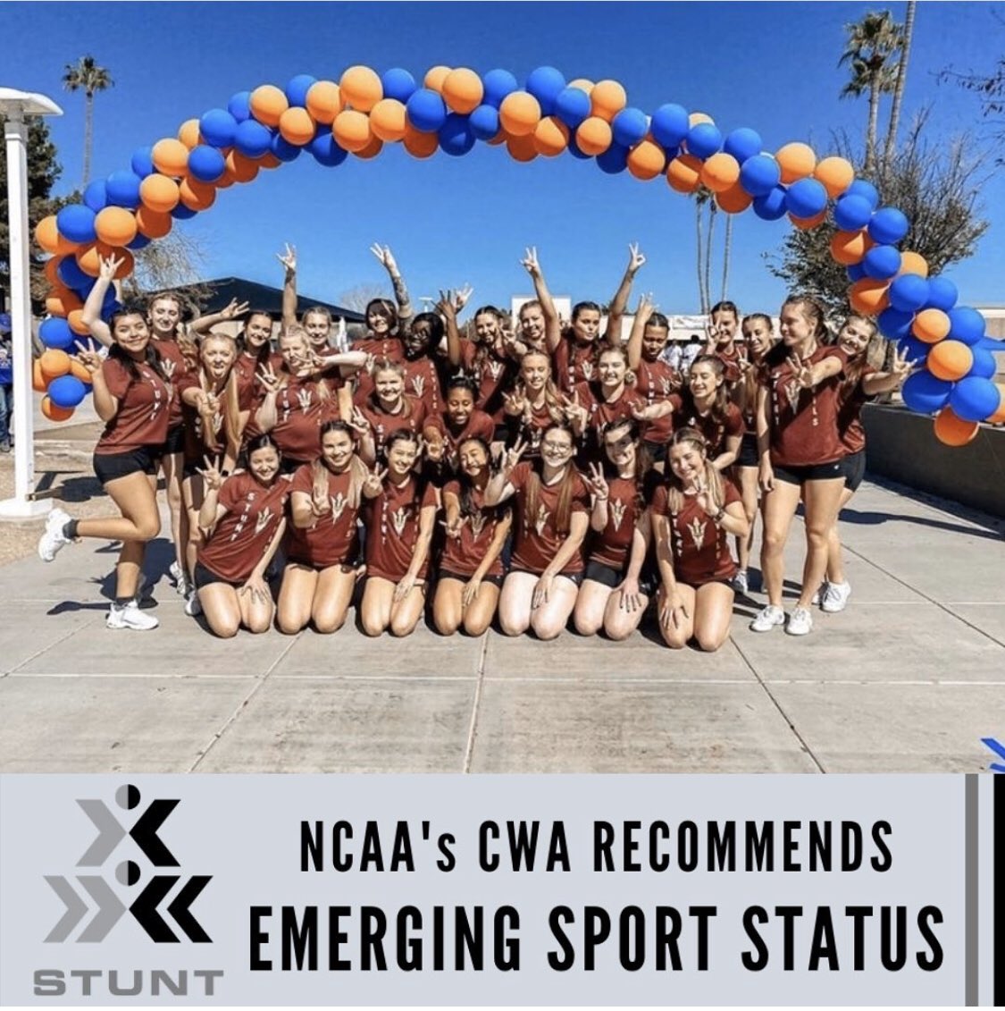 stuntdevils's tweet photo. We are excited to announce that STUNT has been recommended by the Committee for Woman’s Athletics as an emerging Sport! Thank you to everyone for supporting us and STUNT! #stuntdevils #stuntthesport #asustuntdevils #asu #pac12conference @ncaa @stuntthesport https://t.co/O1bvwk4fwM