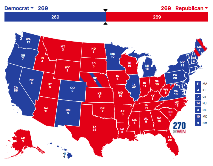 Just for fun in light of the new DCCC internal poll showing Biden up by 11 percentage points in  #NE02, here's what the electoral college map would look like if Biden won PA, MI, and NE-02 but lost AZ, WI, NC, FL, and  #ME02 to Trump 