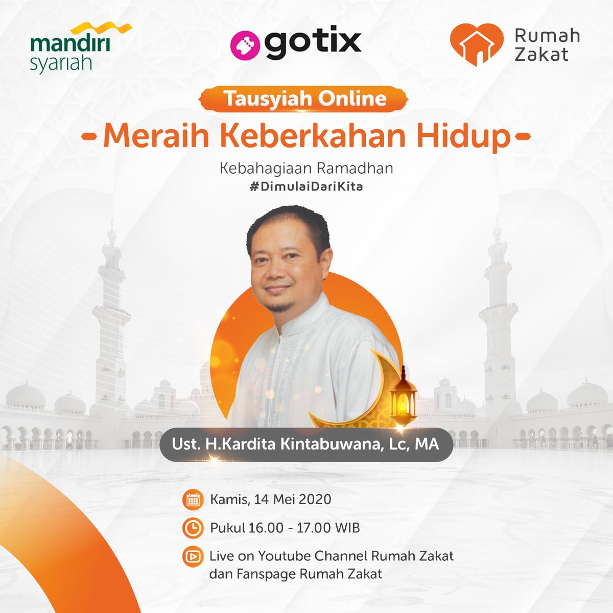 rumahzakat's tweet photo. Gotix dan Rumah Zakat mempersembahkan Tausyiah Online bersama Ust. H. Kardita Kintabuwana, Lc, MA dengan tema 'Meraih Keberkahan'.
Catat tanggal livenya yaa : Kamis, 14 Mei 2020 Live di Youtube Chanel Rumah Zakat
Link streaming : https://t.co/pFo0LYY3oR
#RumahZakat #Gotix https://t.co/s5Iy4eRIq5