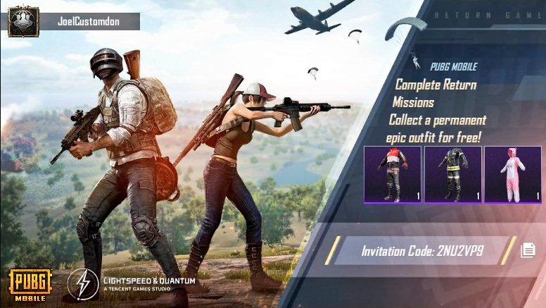 custom_don's tweet photo. Complete PUBG MOBILE Return Missions! Collect a permanent epic outfit for free! My invitation code: 2NU2VP9 https://t.co/iZ4ykv3swV https://t.co/jAJc2GmOCv