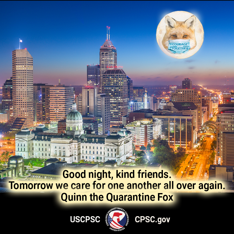 A fox in the moon over Indianapolis. The text reads: good night kind friends. Tomorrow we care for one another all over again. Quinn the Quarantine Fox.