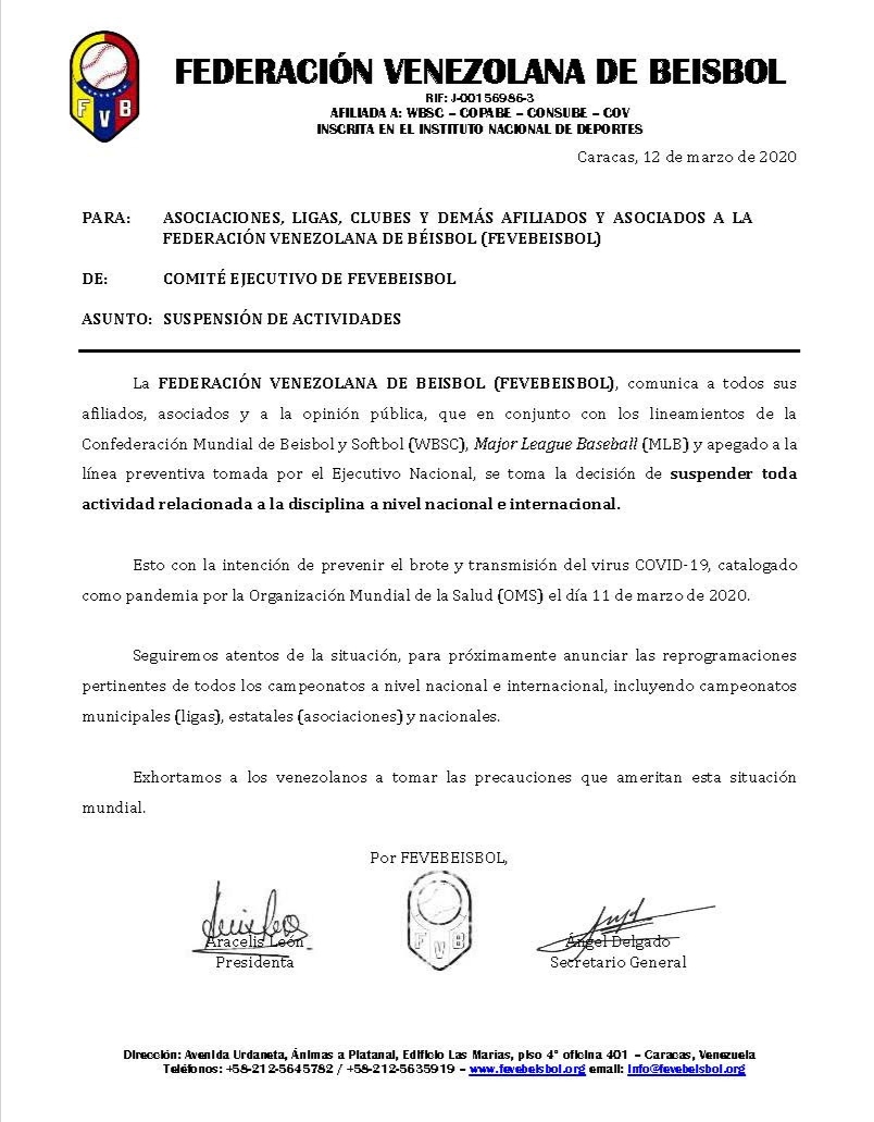 FEVEBEISBOL's tweet photo. 📝COMUNICADOS

12 de marzo
17 de abril
12 de mayo

Mensajes para la opinión pública, nuestros afiliados y todos los involucrados con el beisbol venezolano.

#FEVEBEISBOL 
#PorTuSelección🇻🇪⚾
#QuedateEnCasa https://t.co/ACZFxtG90h