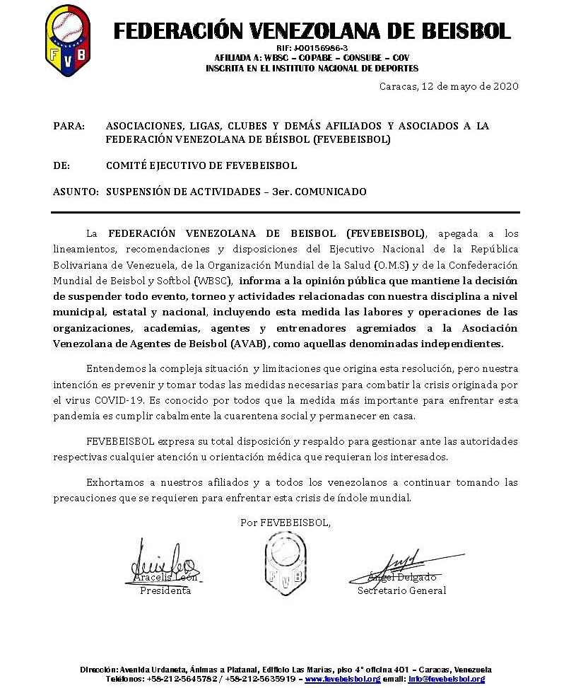 FEVEBEISBOL's tweet photo. 📝COMUNICADOS

12 de marzo
17 de abril
12 de mayo

Mensajes para la opinión pública, nuestros afiliados y todos los involucrados con el beisbol venezolano.

#FEVEBEISBOL 
#PorTuSelección🇻🇪⚾
#QuedateEnCasa https://t.co/ACZFxtG90h