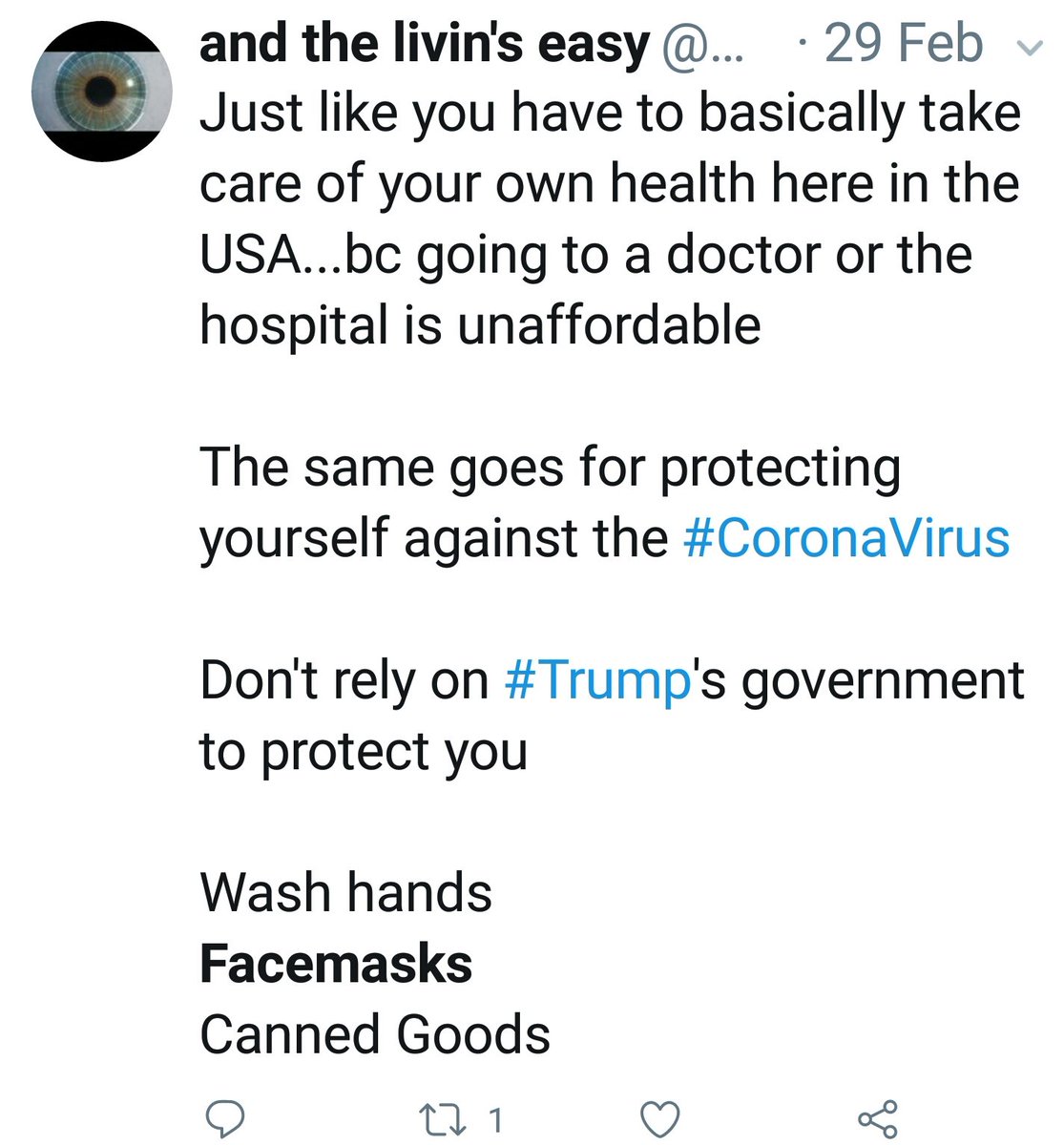 Here are some few of my tweets from February When  #Trump declared a  #NationalEmergency on March 13, he should have emphasized that everyone begin wearing  #Masks It would be another 3 to 4 weeks before  #Democratic governors took the lead & told people to start wearing them