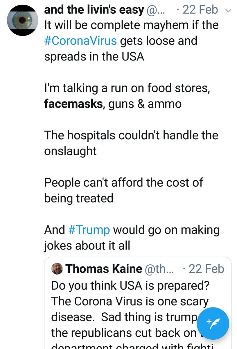 Here are some few of my tweets from February When  #Trump declared a  #NationalEmergency on March 13, he should have emphasized that everyone begin wearing  #Masks It would be another 3 to 4 weeks before  #Democratic governors took the lead & told people to start wearing them