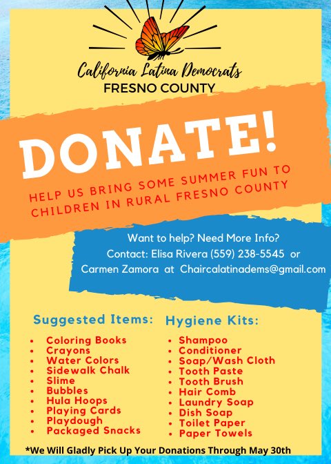 CALatinaDems's tweet photo. 📣📣📣 Ca Latina Dems needs YOU! Help us make summer goodie bags for children in the rural areas of Fresno County! We will gladly pick up your donations through May 30th. Message us, or emails us at:
Chaircalatinadems@gmail.com https://t.co/4CtiJEDjaJ