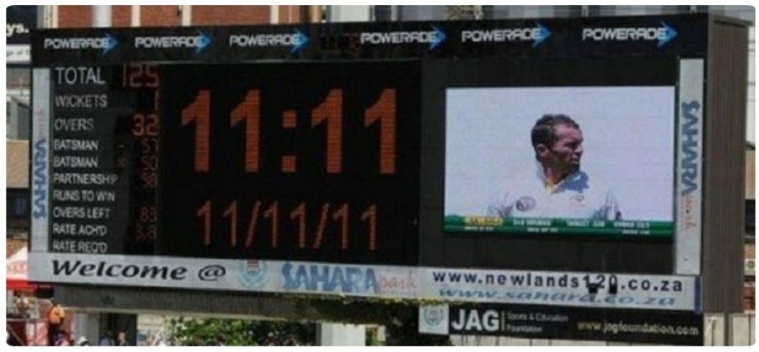 9. This has to be the mother of all coincidences. On November 11, 2011, hosts South Africa needed 111 runs to win a Test match against Australia when the local time was 11:11 am. The scoreboard, thus, read 11:11 11/11/11. #Cricket