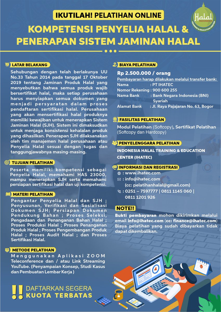infoihatec's tweet photo. Apakah anda kesulitan dalam proses sertifikasi produk halal ? Ikutilah Pelatihan Halal Online Kompetensi Penyelia Halal dan Penerapan SJH - Batch 6
#pelatihanhalal #traininghalal #IHATEC #PenyeliaHalal #sertifikasihalal #sistemjaminanhalal https://t.co/jWlp9PsnlI