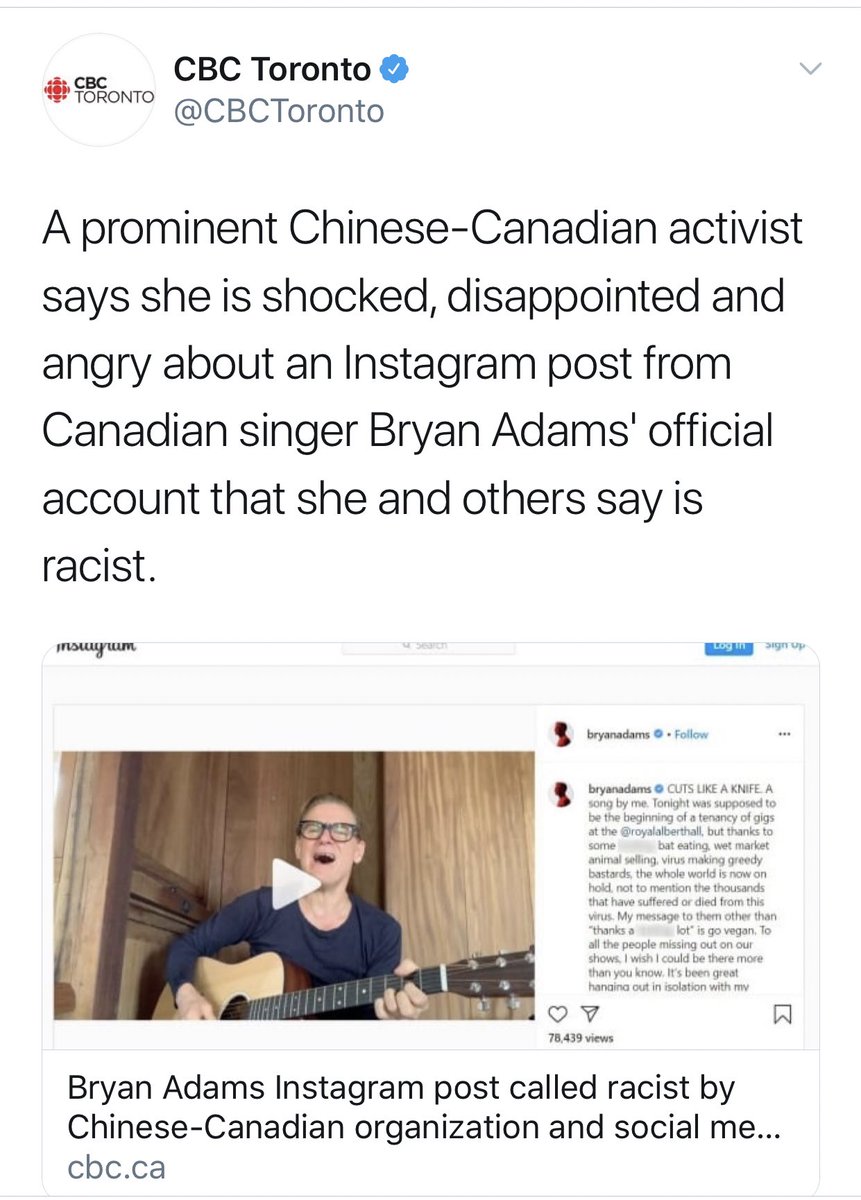 Apparently being critical of horrific wet markets practises makes you “racist”.  @bryanadams shouldn’t have given in to the outrage mob...never apologise unless you’ve done something wrong.