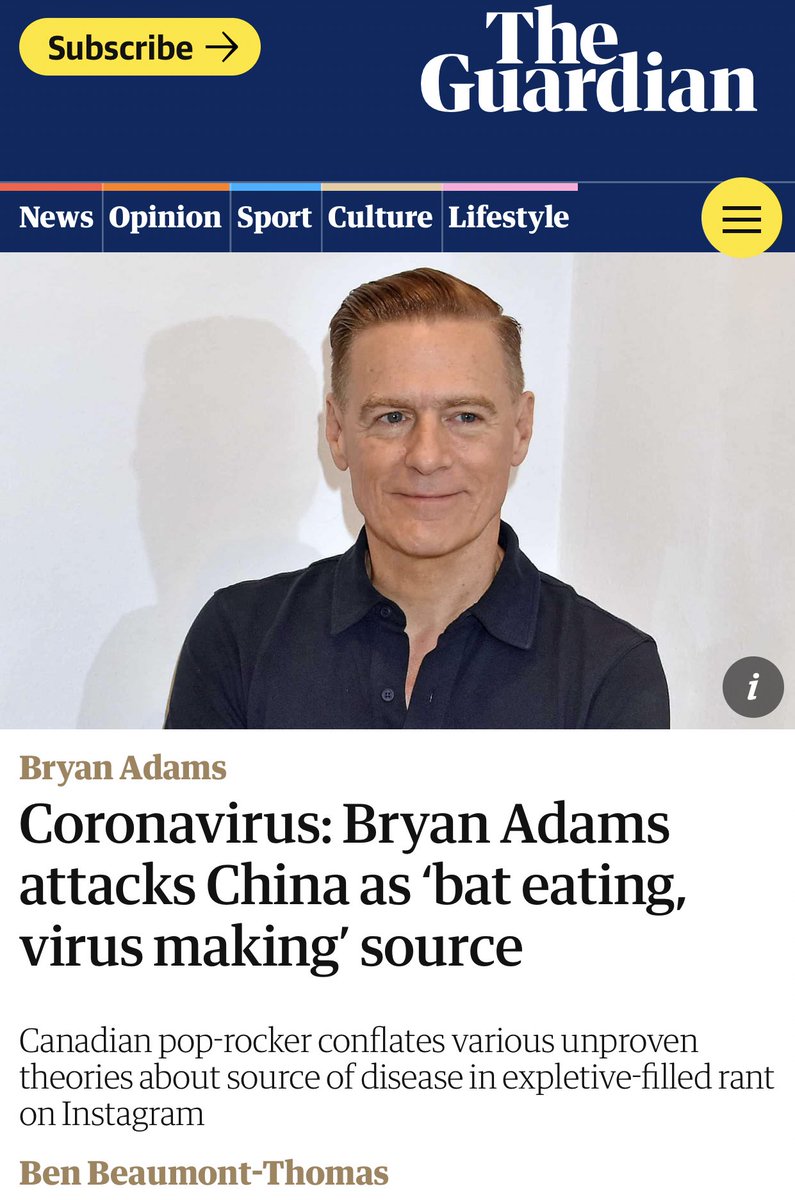 Apparently being critical of horrific wet markets practises makes you “racist”.  @bryanadams shouldn’t have given in to the outrage mob...never apologise unless you’ve done something wrong.