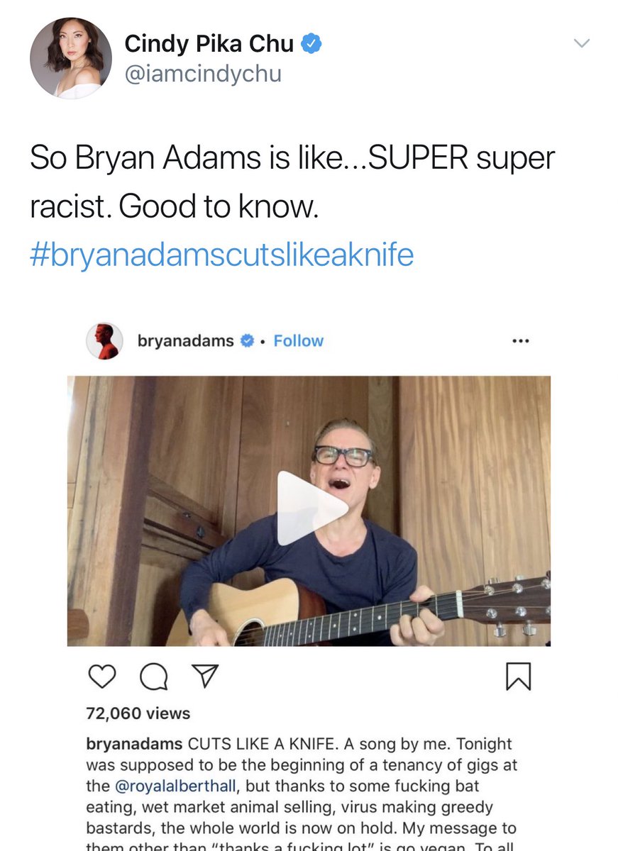 Apparently being critical of horrific wet markets practises makes you “racist”.  @bryanadams shouldn’t have given in to the outrage mob...never apologise unless you’ve done something wrong.