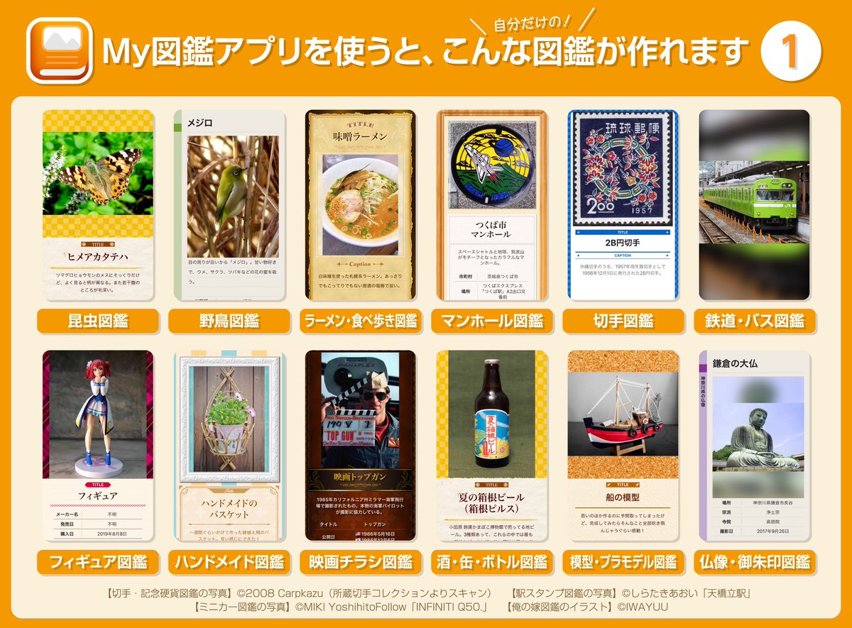 MyZukan's tweet photo. コレクション図鑑作成アプリ『My図鑑』で生き物やホビーのコレクションをまとめましょう！

🐞#昆虫 図鑑
🐤#野鳥 図鑑
🕳#マンホール 図鑑
🍜#ラーメン 図鑑
👩‍🦰#俺の嫁 図鑑
🚎#鉄道 図鑑
🗿#仏像 図鑑などなど

DL無料、ぜひご利用ください！
次ツイートに画面動画あり〼
https://t.co/G84psyFb5X https://t.co/fY7Fyx5IWN