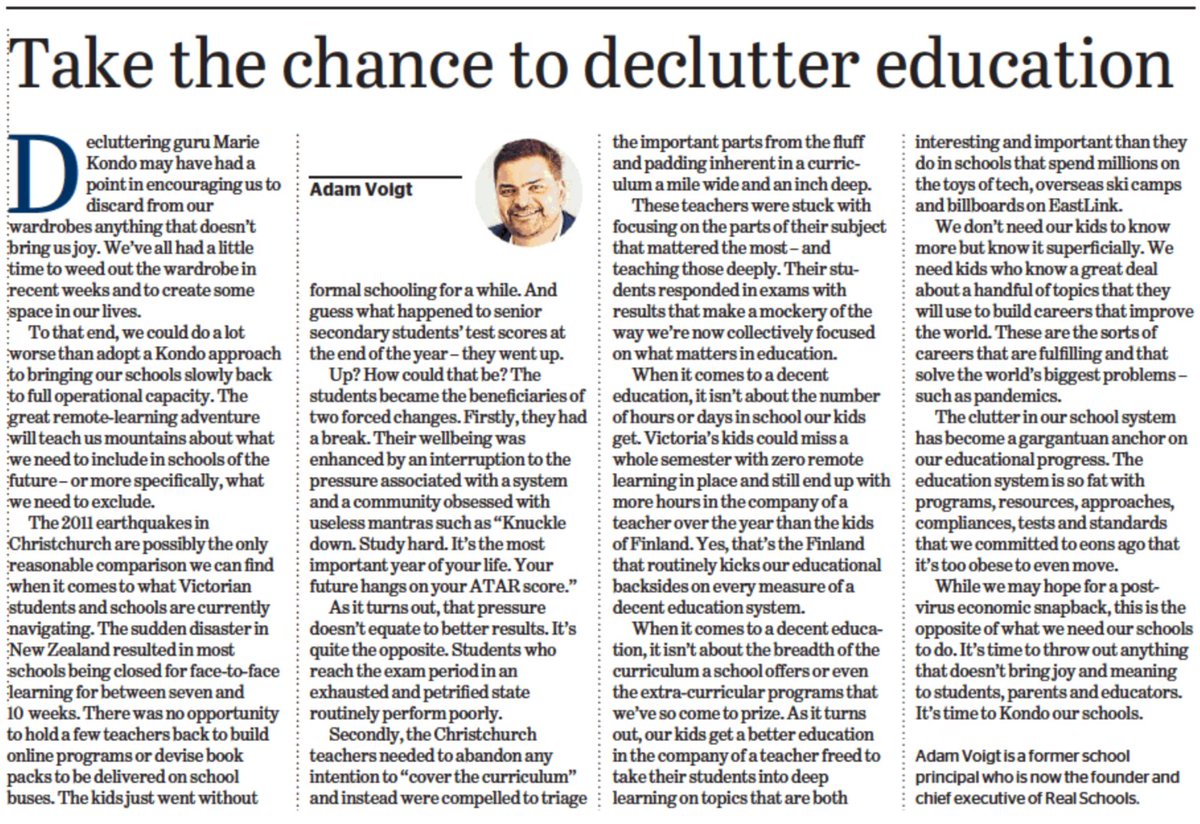 adam_voigt's tweet photo. My OpEd published today in The Age.  Could we take this chance for a little "Marie Kondo-ing" in our education system?
https://t.co/KRxFqLsQbU https://t.co/Fm79w93thz