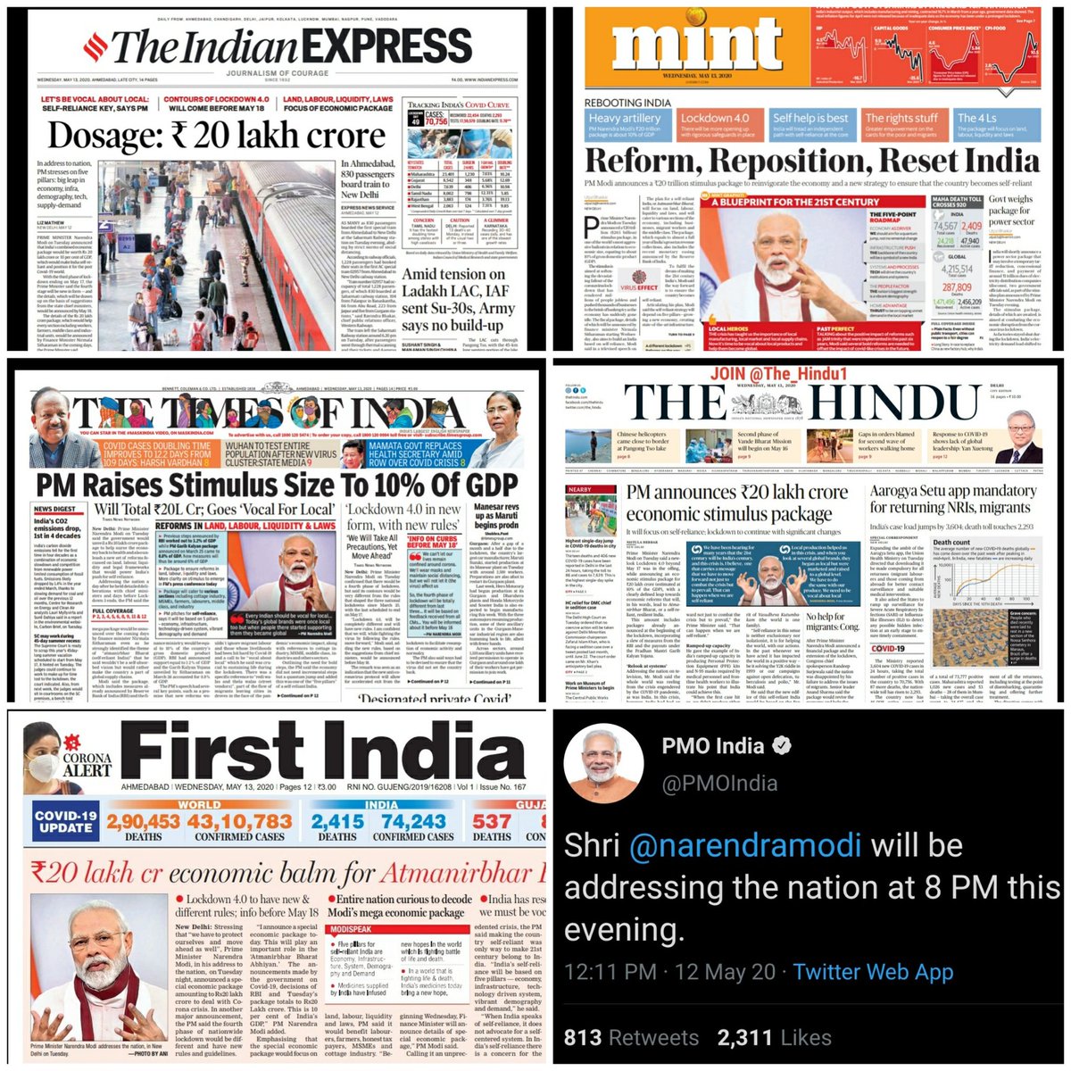 kumarmanish9's tweet image. &quot;20 Lakh Crore, 10% of GDP of India&quot;
The front pages of prominent English Newspaper on #Modiat8PM
#PMModi