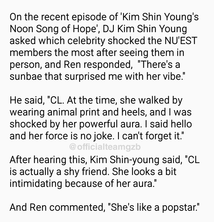 OfficialTeamGZB's tweet photo. NU'EST member Ren mentioned CL in one of their radio interview about which celebrity shocked them the most after seeing in person

"CL. At the time, she walked by wearing animal print and heels, and I was shocked by her powerful aura. Her force is no joke. She's like a popstar." https://t.co/omp5zAgNUq