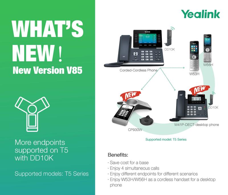 DvcomTechnology's tweet photo. When you connect a DD10K to T5 phone, you can turn T5 into a DECT base station to carry 4 handsets. On V85, CP930W and DD10K are included. More about V85:
https://t.co/uFrckWsviU
Via: Yealink https://t.co/dIBpjsRIfd
