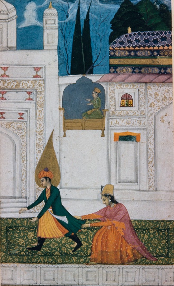 Jami, Yusuf & Zulaykha: پی باز آمدن دامن کشیدش – “to bring him back, she pulled on [the hem of] his skirt”—same metaphor of pleading. (Note a switch in the roles in the pictures below.)