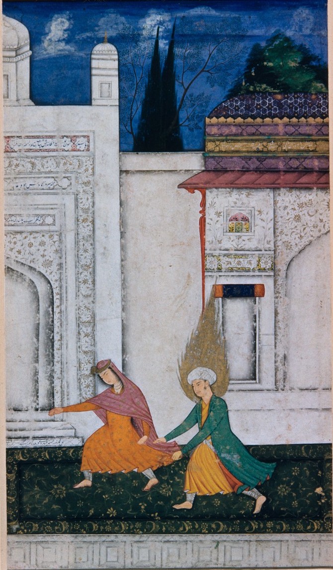 Jami, Yusuf & Zulaykha: پی باز آمدن دامن کشیدش – “to bring him back, she pulled on [the hem of] his skirt”—same metaphor of pleading. (Note a switch in the roles in the pictures below.)