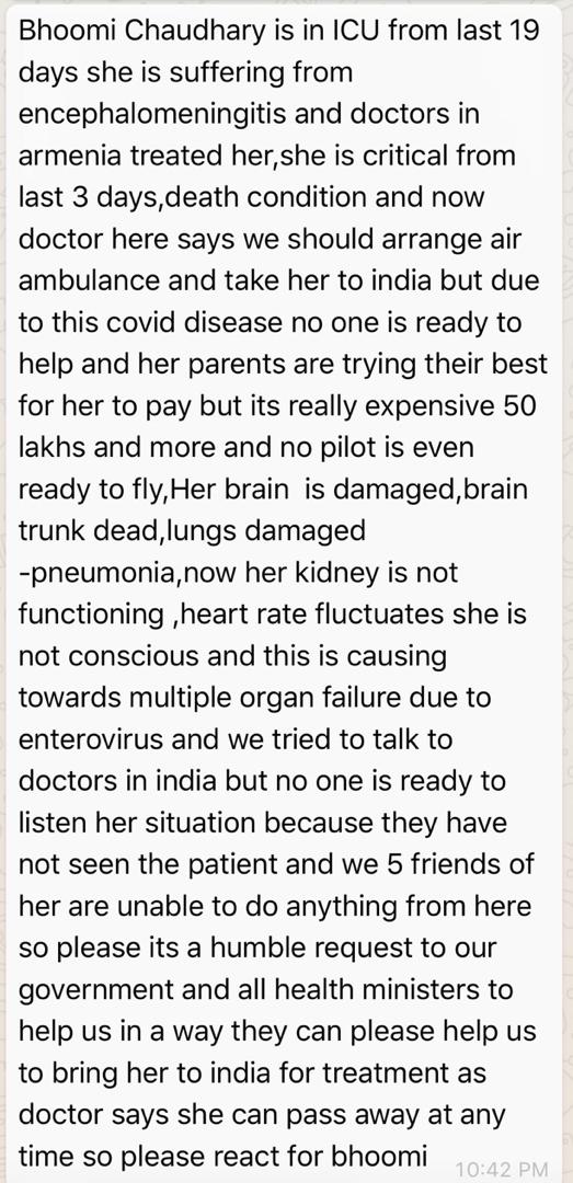 DivyaDodiya4's tweet image. My friend Bhoomi from Gujarat she is studying Mbbs at Armenia she is in ICU please react#savedaughterofindia
#savebhoomichaudhary
@IndianDiplomacy @narendramodi @AmitShah @PMOIndia @DrSJaishankar @vijayrupanibjp @ChaudhryShankar @MFAofArmenia @airindiain @aajtak @devanshijoshi71