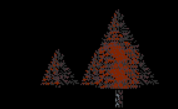 mid-sized (2 tile high) trees use a slope variant with a stem at the bottom, which does dual function as leaves when it's used as part of the canopy in foreground trees. the large stem is 1 module. the right half is rotated through half a circle with a different palette.