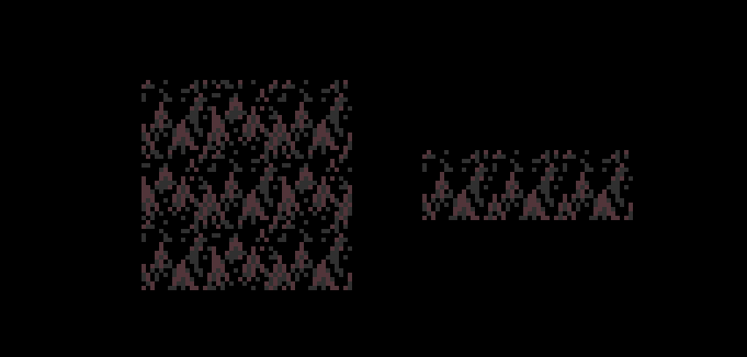 this is a set of 16x16 modules. the bg trees work as continuous fill (left) , but a single layer will appear as nearer trees with distant trees behind them (center top).