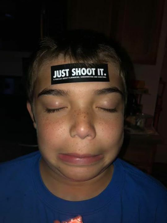AaronGoodmiller's tweet photo. Got my Just Shoot It stickers in the mail today. My son immediately took one and put it on his forehead. 
🤦‍♂️ https://t.co/4mfzY8IGQQ