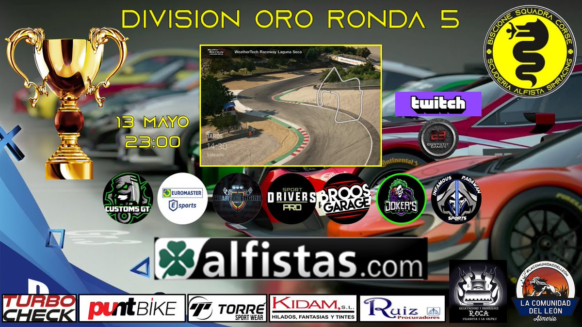Esta noche a las 23H Os traemos la 5º Ronda de la <a href="/BiscioneSquadra/">BISCIONE SQUADRA CORSE</a> #CUP A nuestro canal de #twitch

Os espero a todos para ver esta pedazo de carrera donde nos acompañara en cabina @HEART_Dinky 

GAS BABYS OOOUUUYEAAAHHHH
Link del canal: twitch.tv/corpetit23
