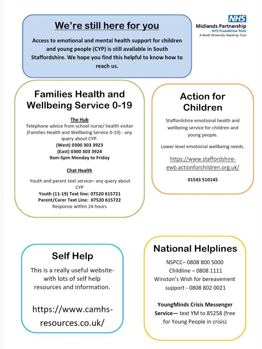 KarenC_OT's tweet photo. We're still here! Handy access points for emotional health services for children and young people in South Staffordshire. @WenD_RMN @PaulAnd1970 @BryonyERobinson @AngeCPN @Lyse_e https://t.co/X88E3ULzte