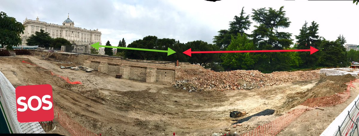 MadridDeCerca's tweet photo. 🆘 Confirmamos el destrozo que están haciendo en la #CalleBailen. Como advirtieron @madridcyp y @Unsereno se están cargando los restos de las Caballerizas de Sabatini. En rojo la pila de escombros y en verde lo que todavía queda (aunque parece que por poco tiempo) 🆘 #Madrid https://t.co/GKD29Nzibz