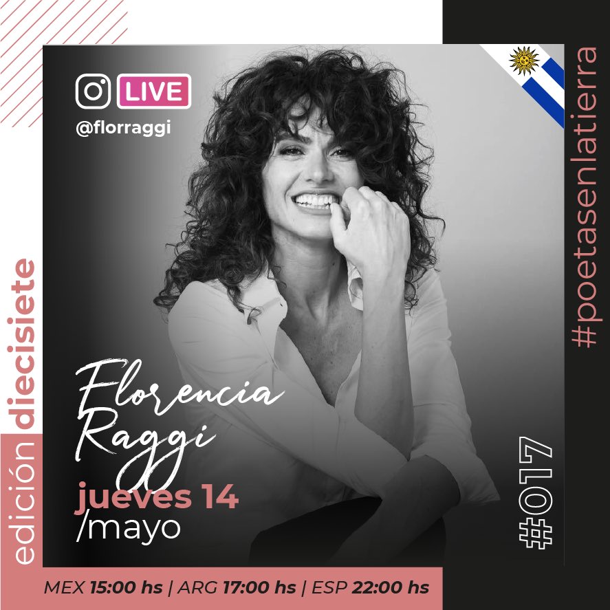 Este JUEVES 14 de mayo a las 17hs 🇦🇷/ 22hs 🇪🇸 , nos daremos el lujo de contar con <a href="/RaggiFlor/">Florencia Raggi</a> EN VIVO desde su cuenta de Instagram compartiéndonos un texto literario. ¡Gracias Flor por ser parte de nuestra EDICIÓN DIECISIETE de #poetasenlatierra ! 🙌🏽🤗📖🎭❤🌍
