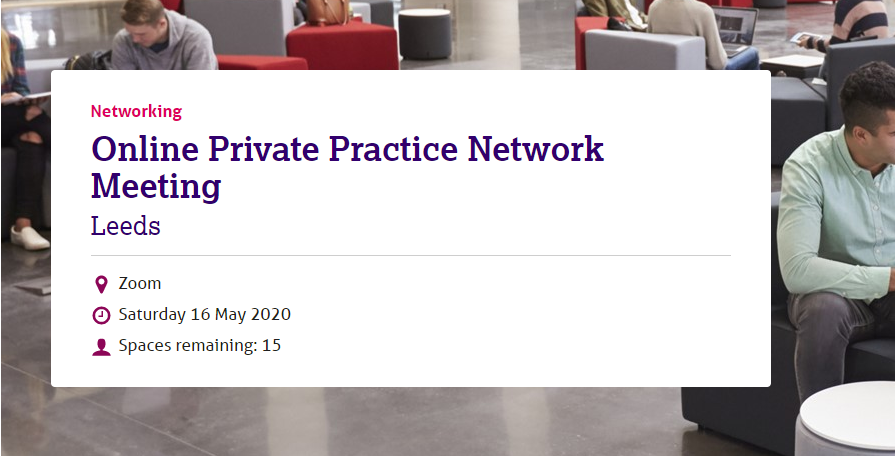 BACP's tweet photo. There are still spaces for our free Private Practice Network Meeting this Saturday for practitioners in the Leeds area. You'll get the chance to gain CPD, learn from others and stay connected. https://t.co/MVDkyecxRU https://t.co/v6VumLv6V7