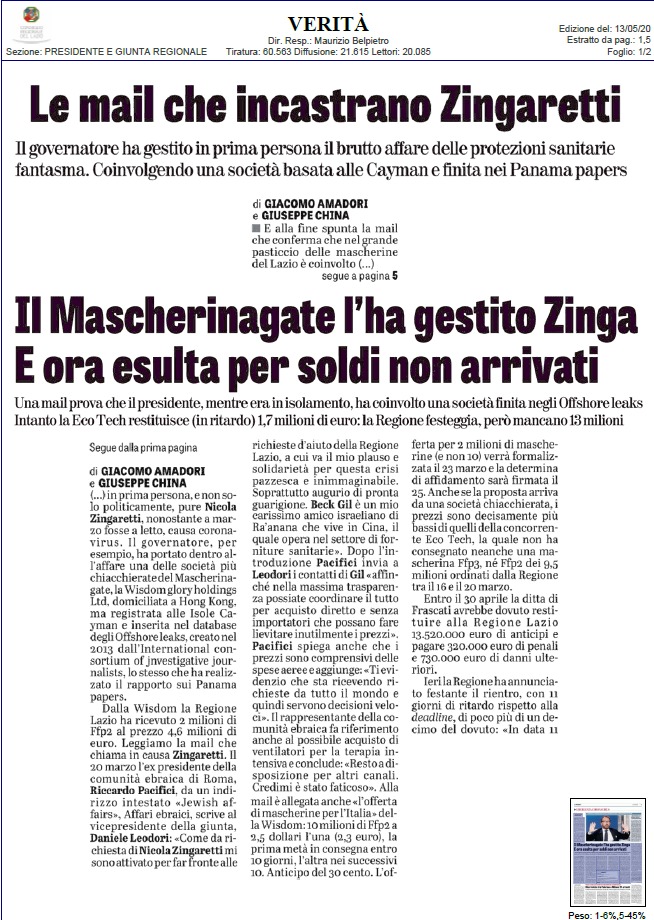 FabrizioSantori's tweet photo. Lo scandalo delle #mascherine fantasma va avanti e ora spuntano altre cose oscure che potrebbero ulteriormente inchiodare #Zingaretti. Leggi la mia ultima denuncia su La Verità insieme alla consigliera regionale 
@laura_corrotti abbiamo scovato una delibera.. #Zingarettidimettiti https://t.co/89pm2lPzOE