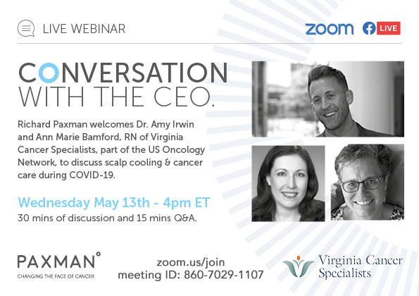 RichPaxman's tweet photo. Join me tonight as I welcome Dr. Amy Irwin and Ann Marie Bamford, RN of Virginia Cancer Specialists, part of the US Oncology Network, to discuss scalp cooling &amp; cancer care during COVID-19. Don't miss the opportunity to hear directly from experts in their field @scalpcooling https://t.co/32plfqxRxG