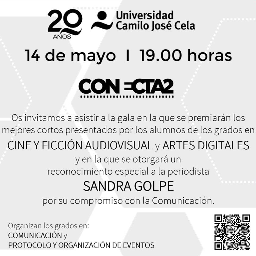 Mañana se conocerán los ganadores, gran gala online a las 19h. No te la pierdas.
pide link para unirte a lvdominguez@ucjc.edu
#conecta2 
#elcinenosune 
#ucjcsigueadelante