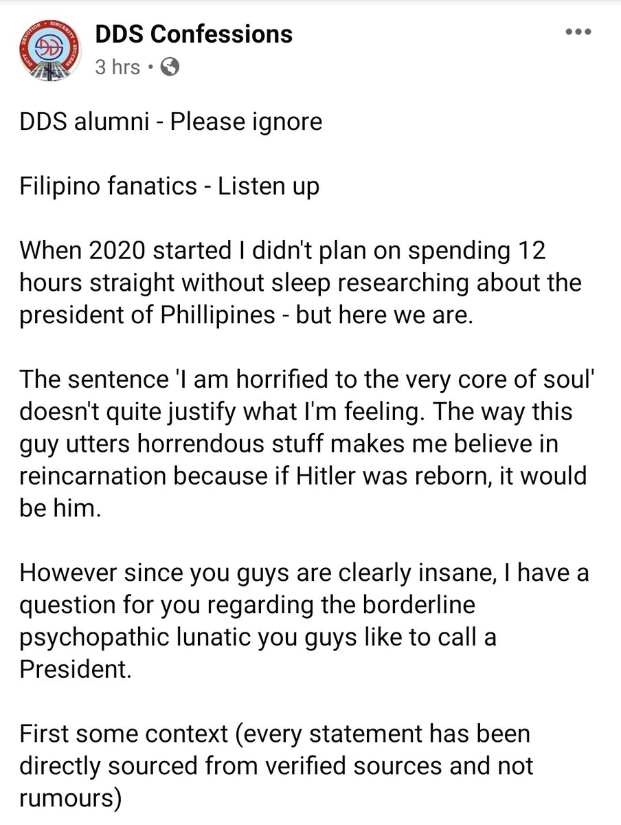 The admin of the page just snapped at the DDS and spent half a day researching about Duterte and his administration. Honestly, I am both amazed and disappointed because the admin had researched and saw what's wrong with Duterte, and disappointed because our own countrymen can't